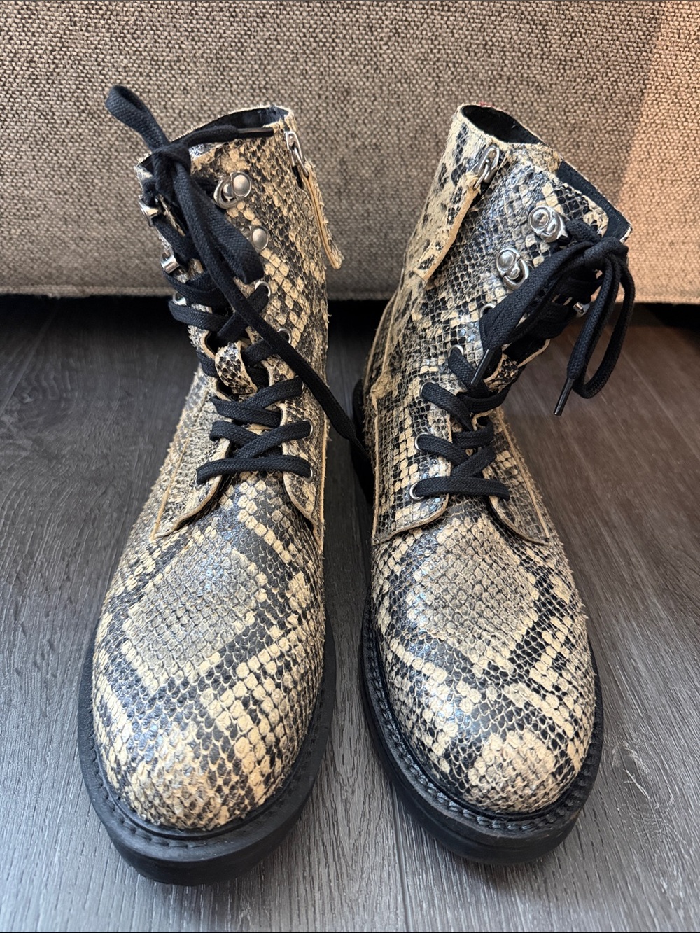 Snake Print Combat Boots with Black Laces